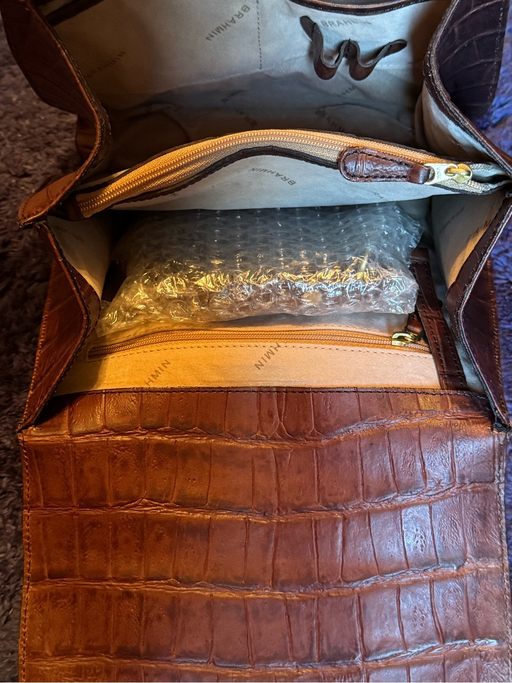 Brahmin Olivia Rose Lady Croc-Embossed Top Handle Crossbody in Deep Rich Brown - Picture 8 of 16